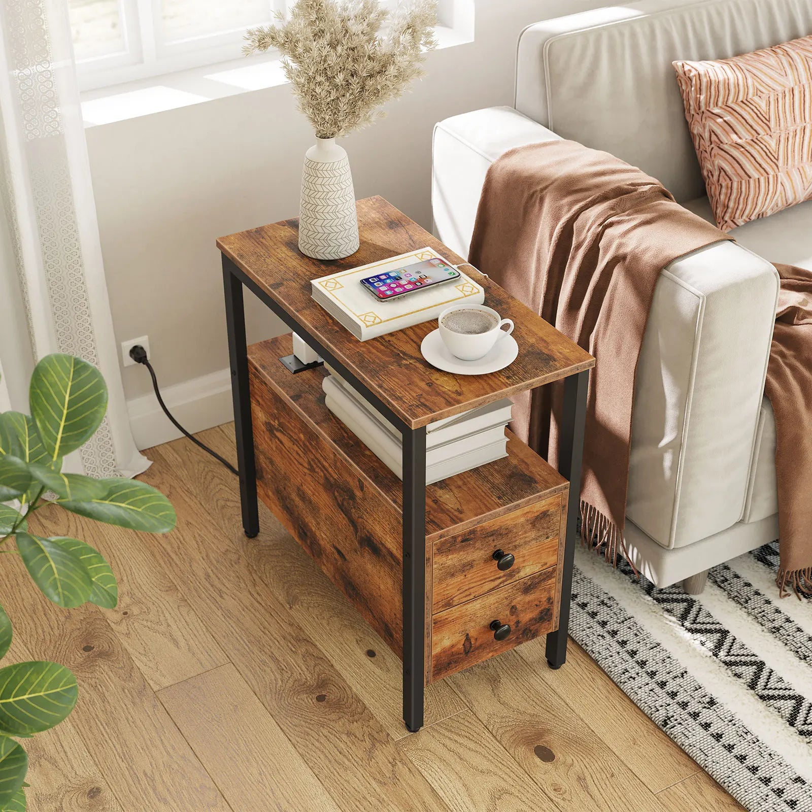 HOOBRO End Table Charging Station Narrow Side Table IN USA.