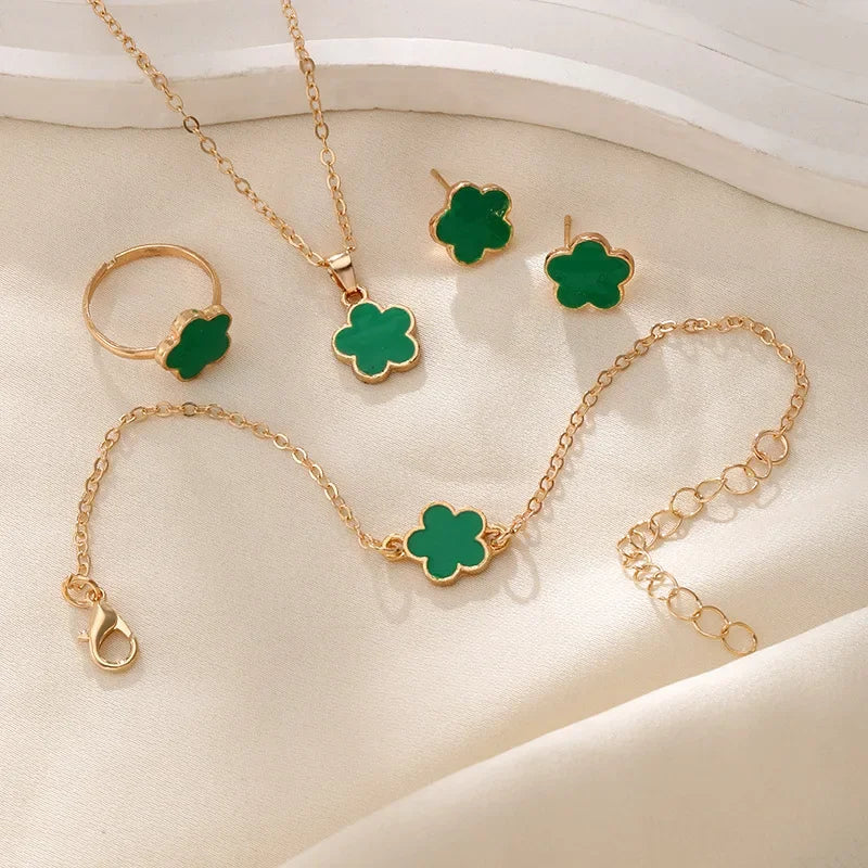 Flower Clover Earrings Necklace Ring Bracelet Four-piece Woman in USA