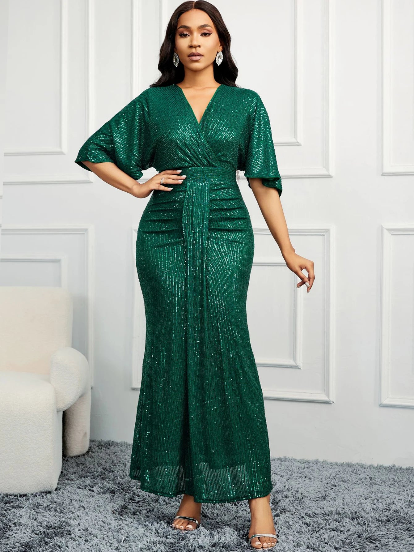 Women Sequin Dress Summer elegant V-Neck Ruffles IN USA.