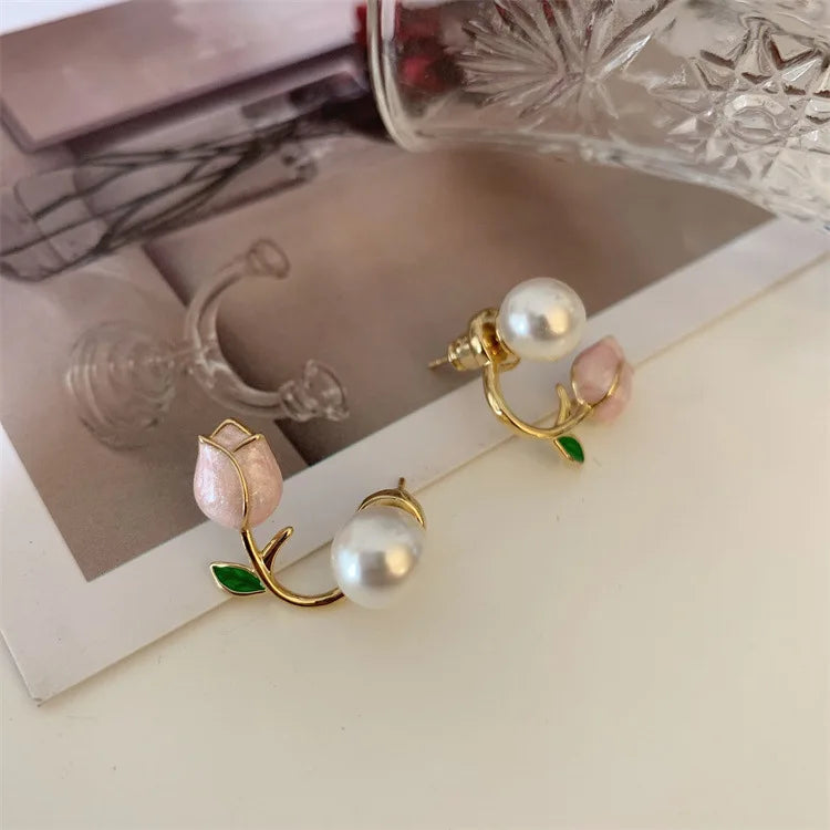 Sweet Fashion Enamel Pearl Tulip Flower Stud Earrings Women in USA