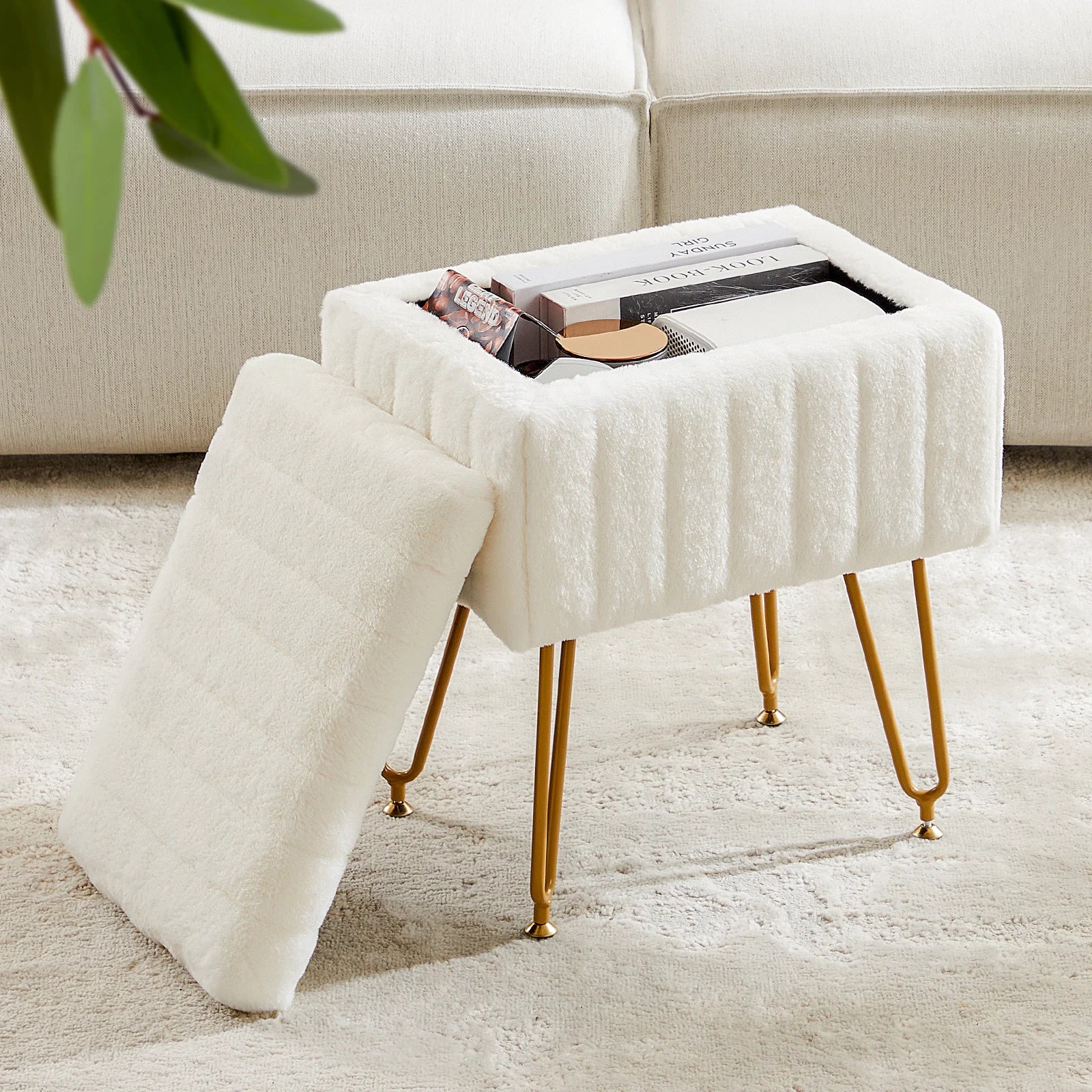 JHK Faux Fur Living Room Hidden Storage Footstool IN USA.