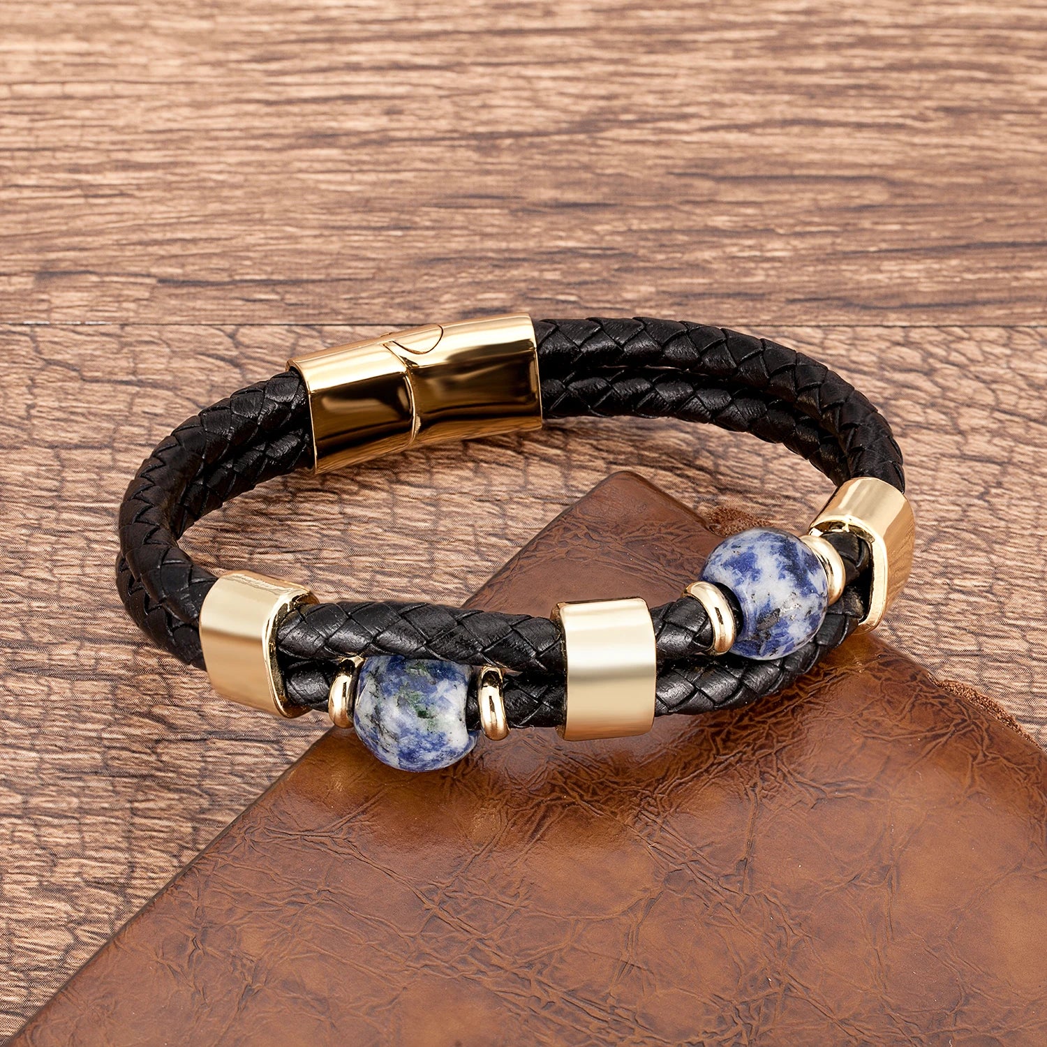 Round Stone Beads Genuine Leather Bracelet Men Stainless in USA