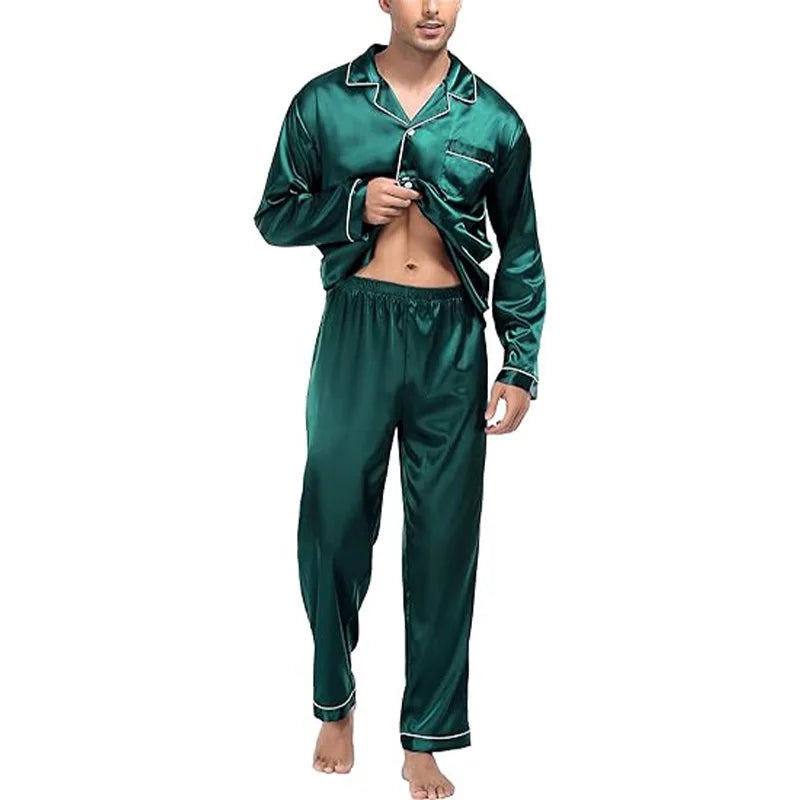 Large Size Solid Long-Sleeved Pyjamas Men Autumn Winter Silk in USA