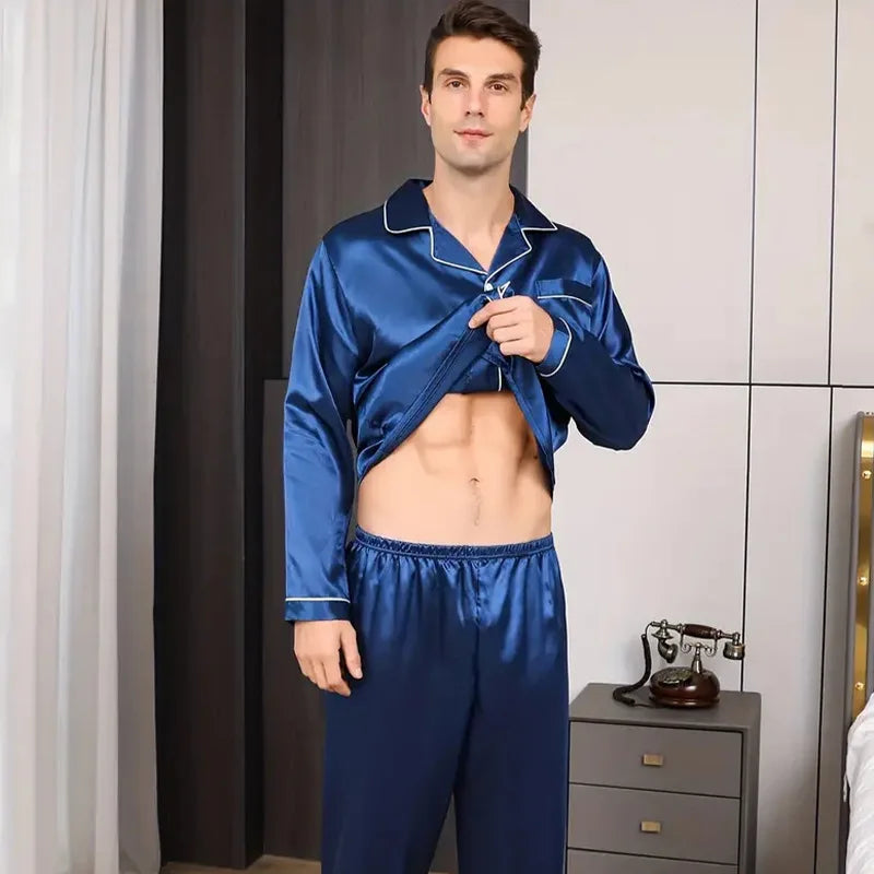 Large Size Solid Long-Sleeved Pyjamas Men Autumn Winter Silk in USA