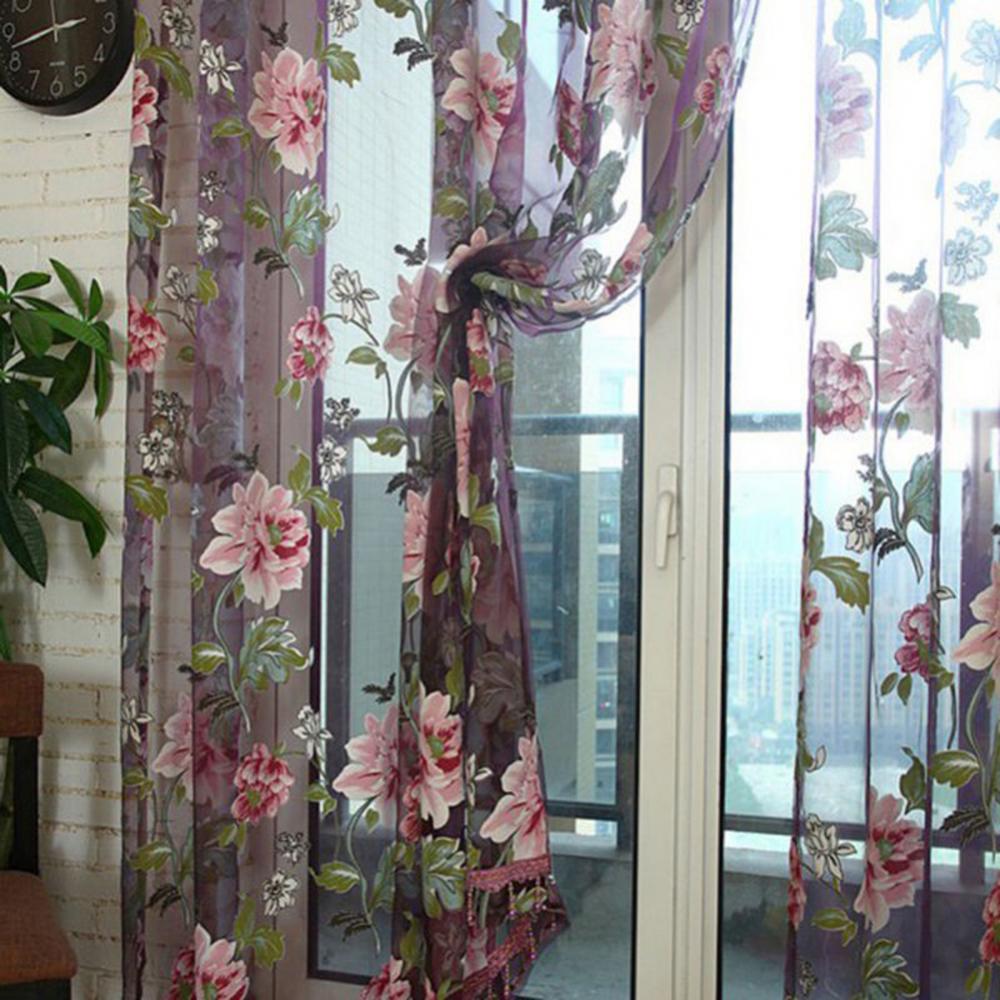 New Door Blinds Window Peony Printed Transparent Tulle Curtain IN USA.