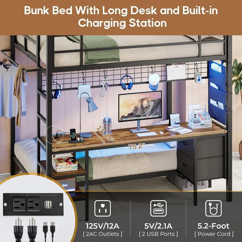 Twin Bunk Bed with Desk and Charging Station Metal