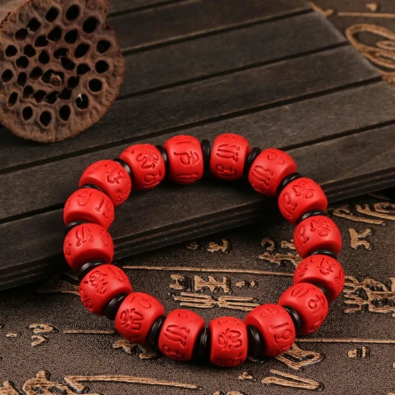 Beads Red Organic Cinnabar Elastic Bracelet Natural Fashion in USA.