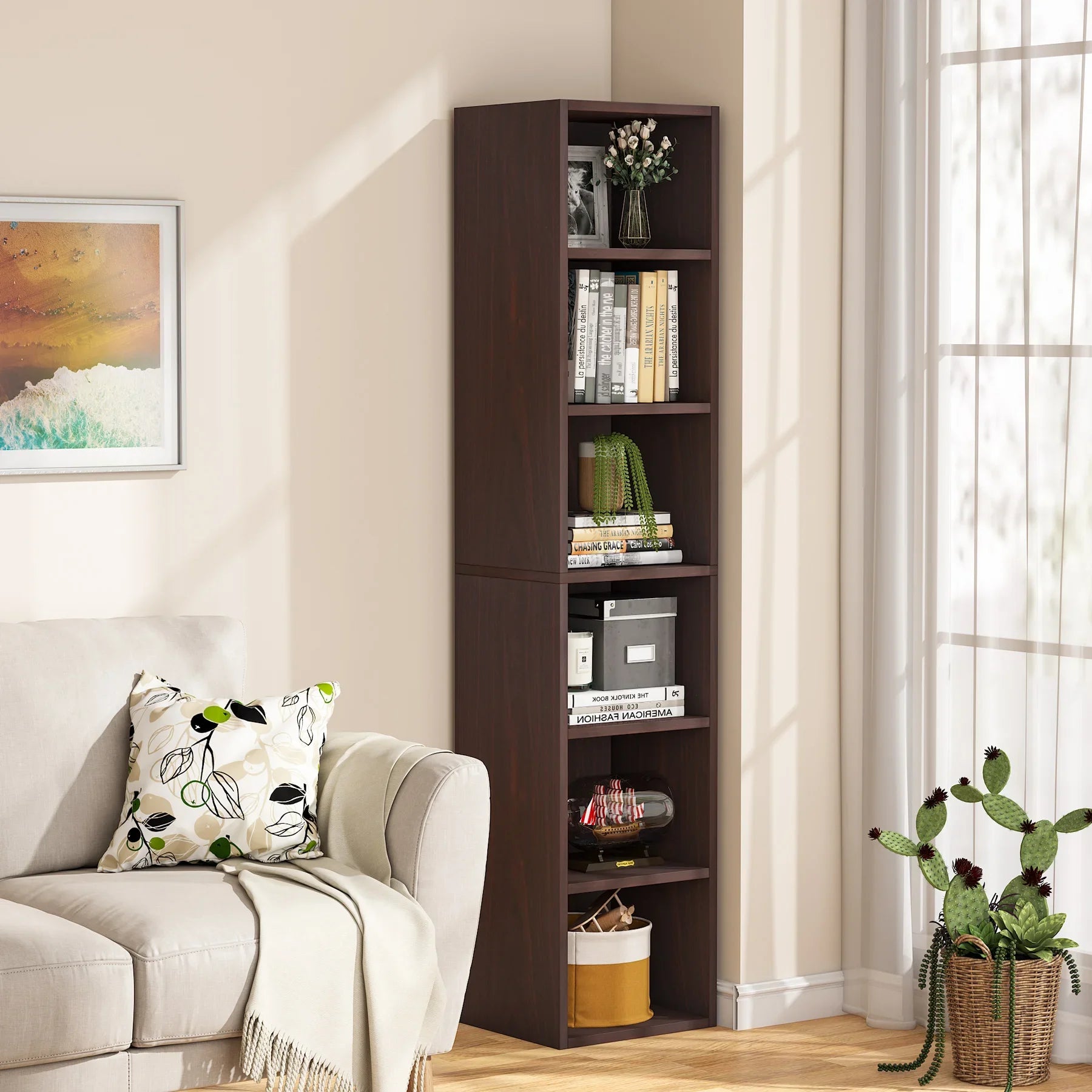 Tribesigns Tall Narrow Bookcase, Rustic Corner Bookcase IN USA.