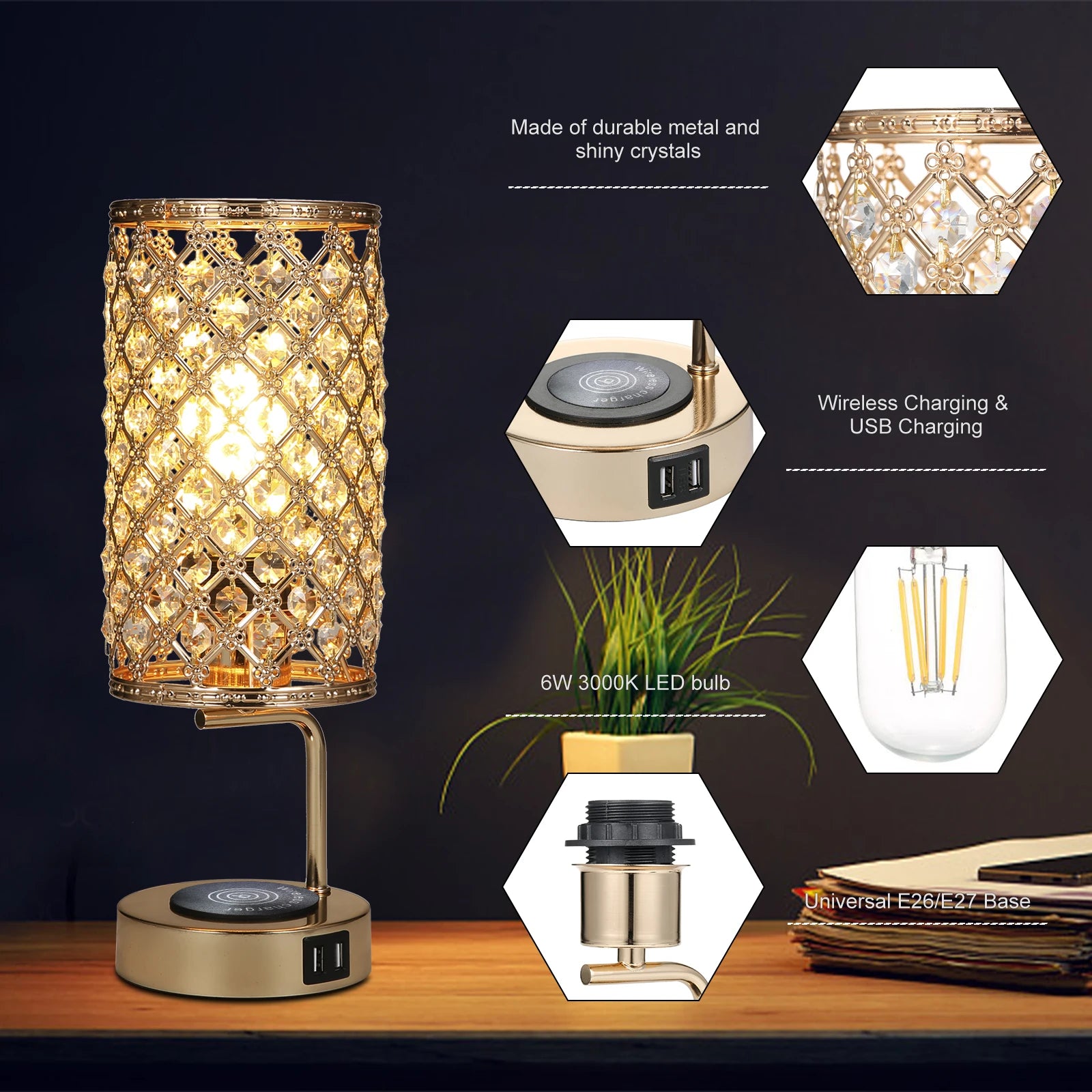 Neoglint Crystal Table Lamp Touch Control Bedside Lamp IN USA.