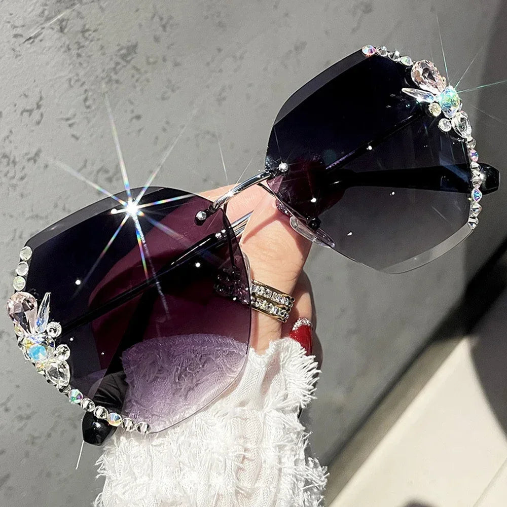 Luxury Brand Design Vintage Rimless Rhinestone Sunglasses Women in USA