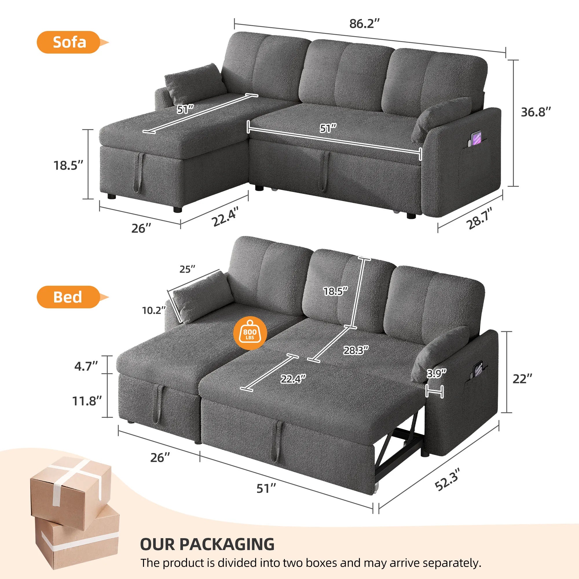 Sectional Sleeper Sofa Set Convertible Sofa Bed, IN USA.