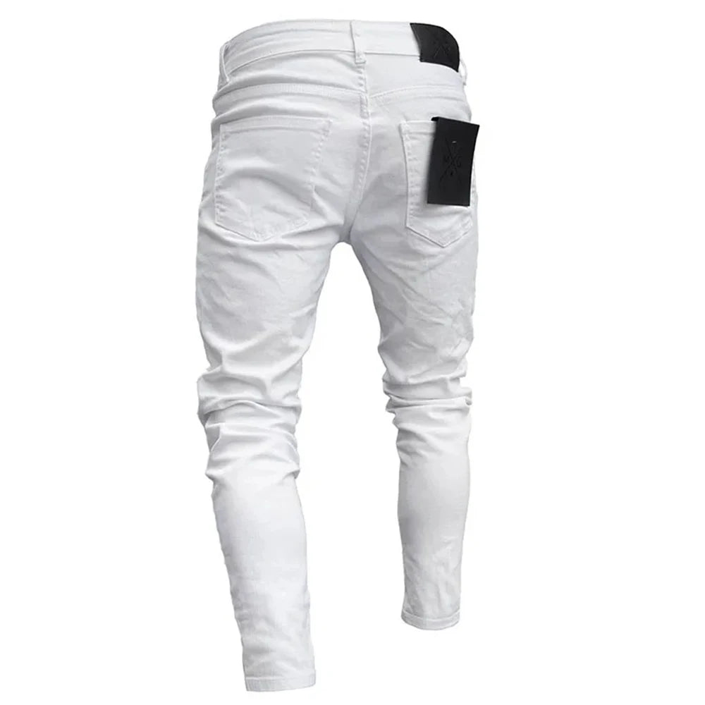 White Embroidery Skinny Ripped Jeans Men Cotton in USA