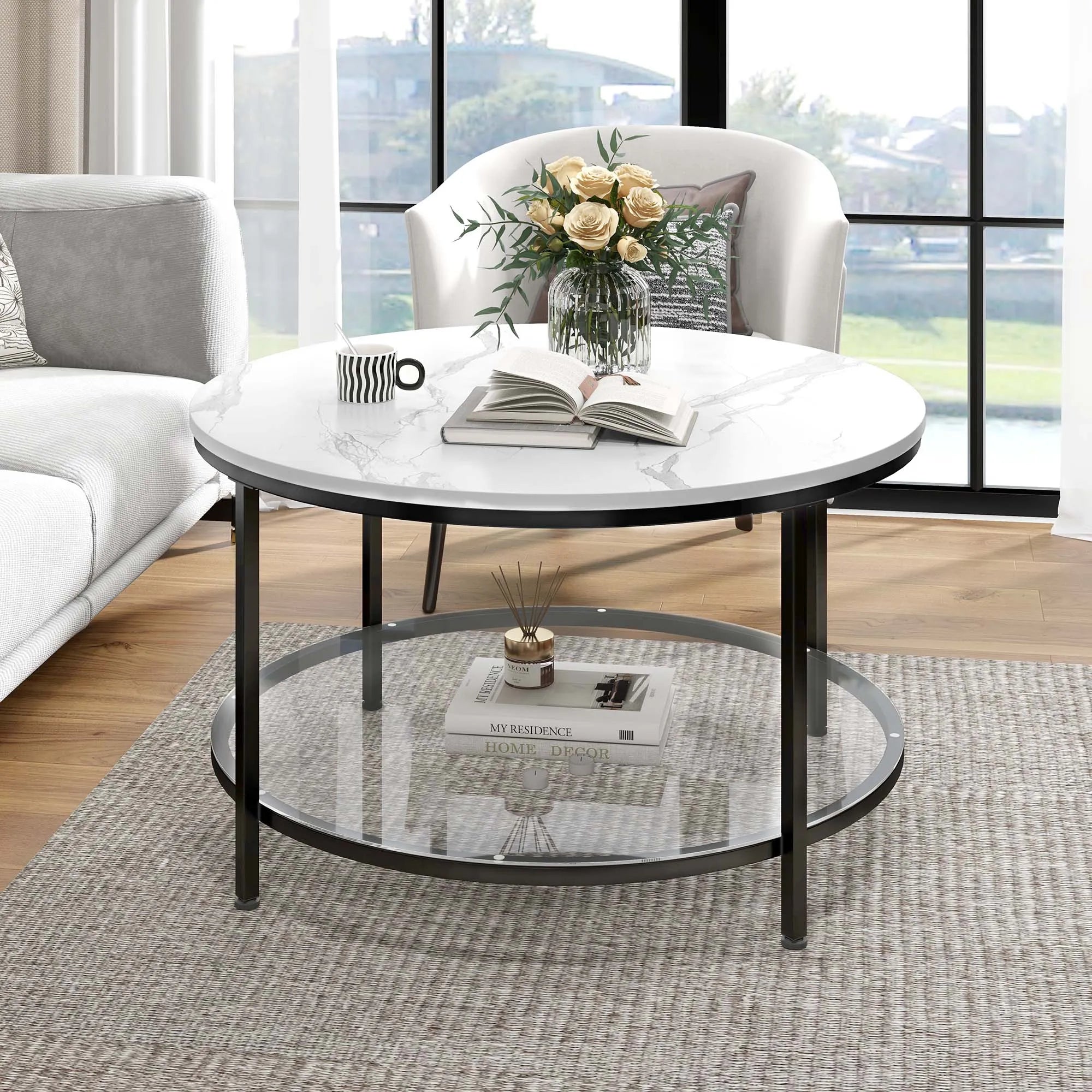 Tier Round Coffee Table Faux Marble Glass Shelf Modern IN USA.