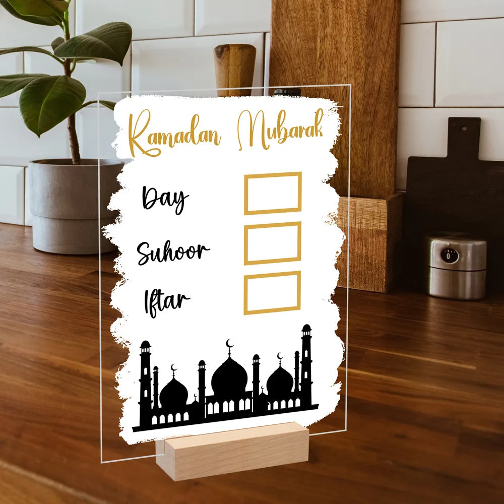 Reusable Acrylic Ramadan Calendar Board Wooden Base Table Ornament wit