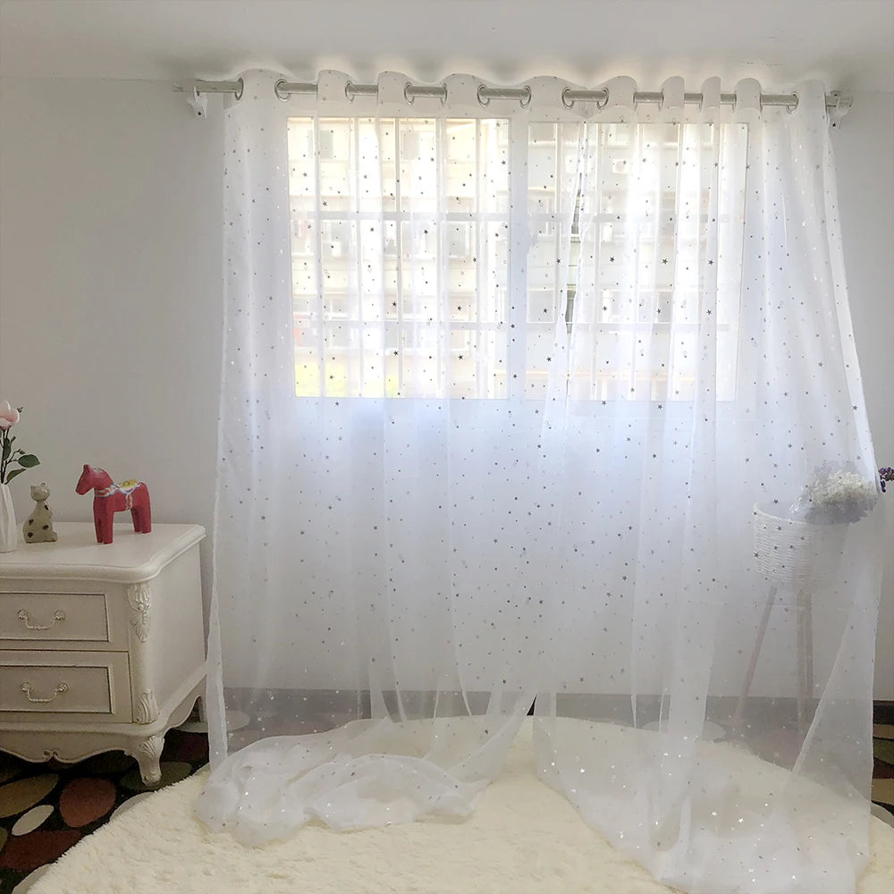 White Shiny Sliver Stars Tulle Curtains For Kids Room Modern IN USA.