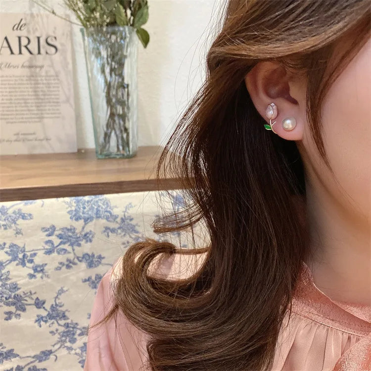 Sweet Fashion Enamel Pearl Tulip Flower Stud Earrings Women in USA