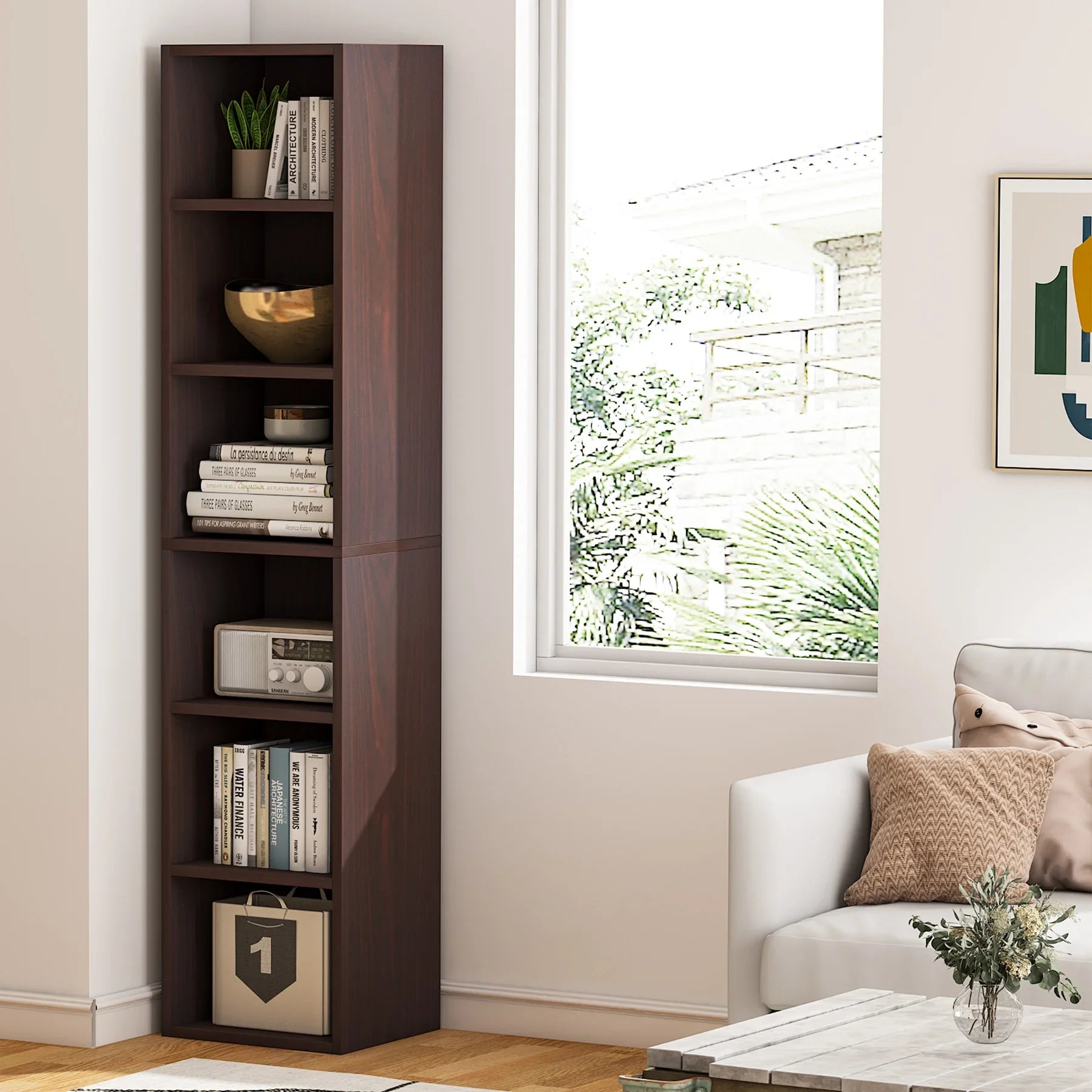 Tribesigns Tall Narrow Bookcase, Rustic Corner Bookcase IN USA.