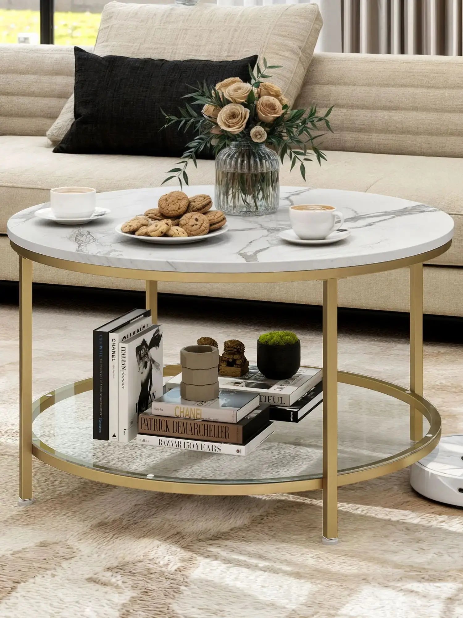 Tier Round Coffee Table Faux Marble Glass Shelf Modern IN USA.