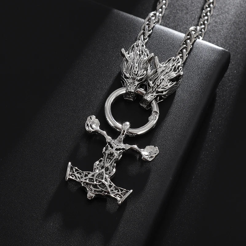 Nordic Necklace Double Wolf Head Thor's Hammer in USA