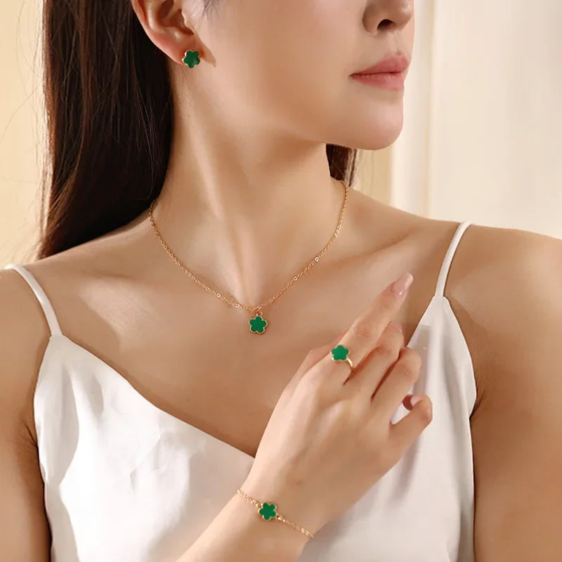 Flower Clover Earrings Necklace Ring Bracelet Four-piece Woman in USA