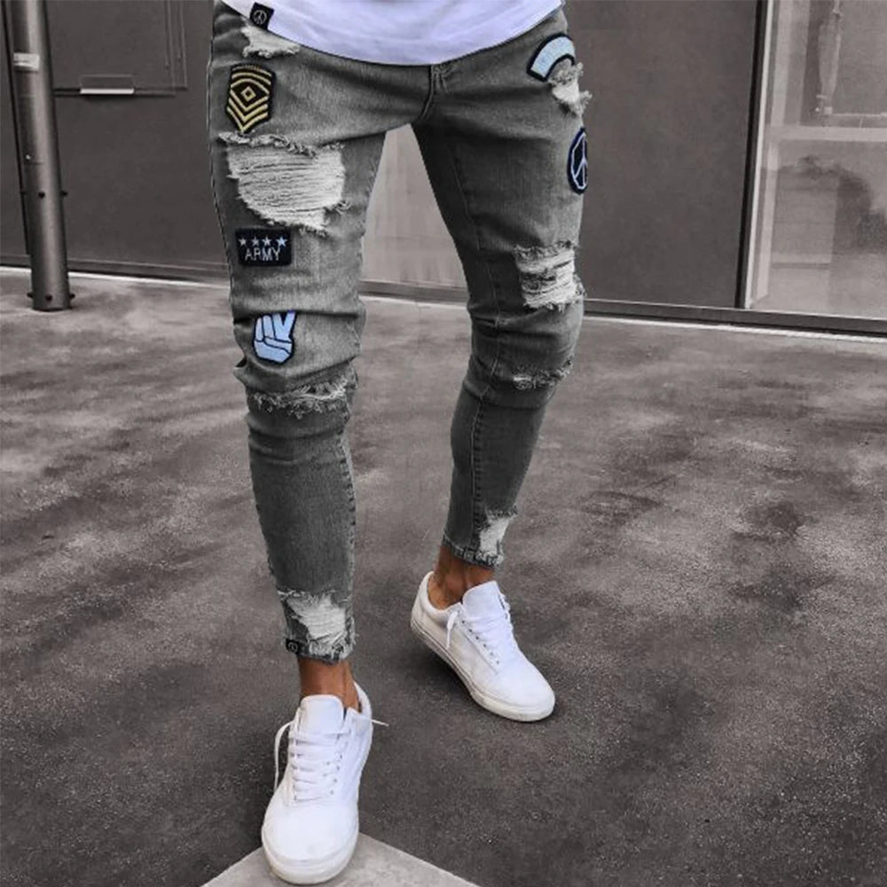 White Embroidery Skinny Ripped Jeans Men Cotton in USA