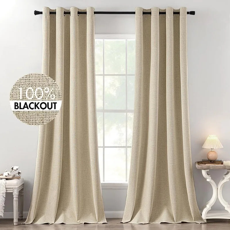 Blackout Linen Textured Curtains for Bedroom Solid Thermal Insulated G