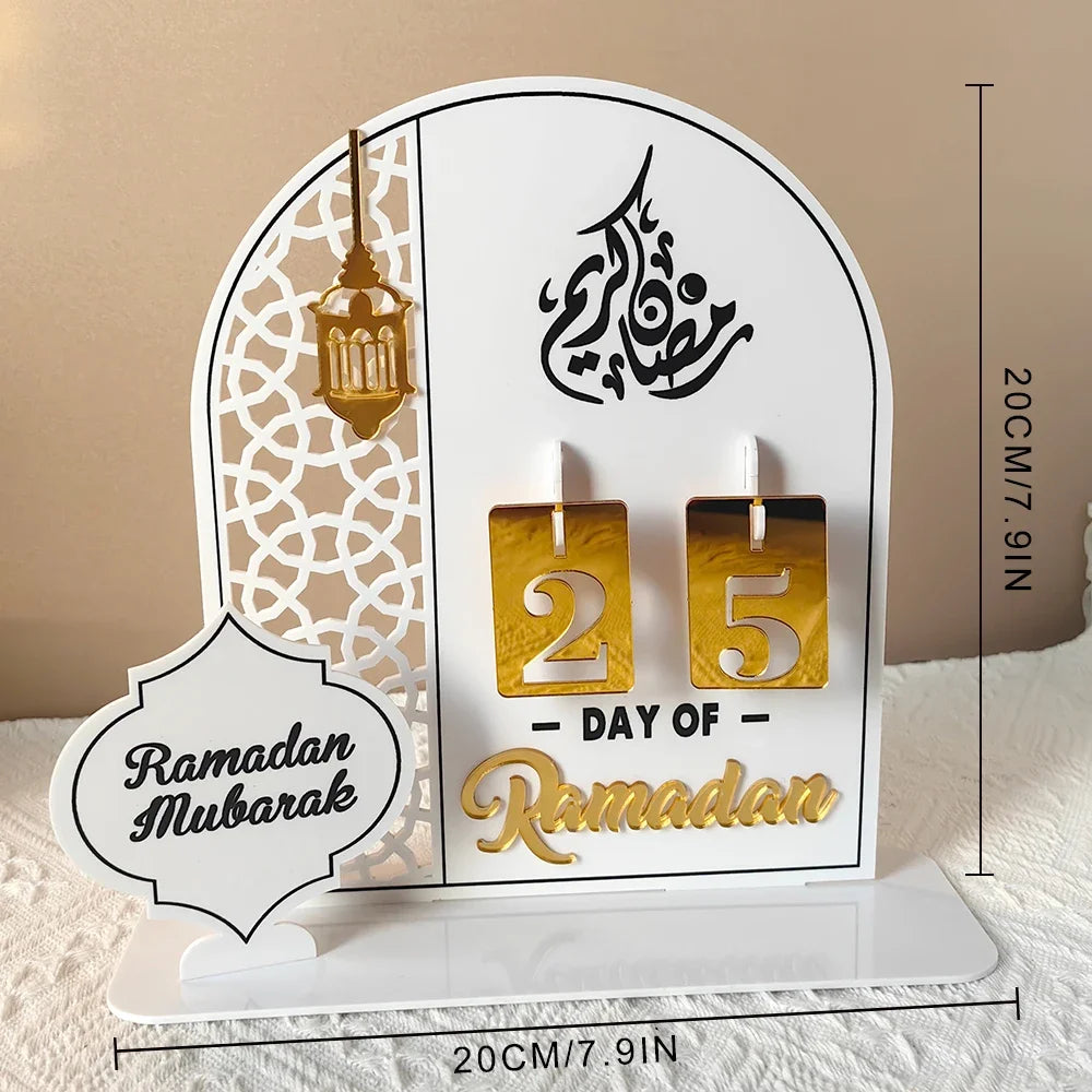 Reusable Acrylic Ramadan Calendar Board Wooden Base Table Ornament wit