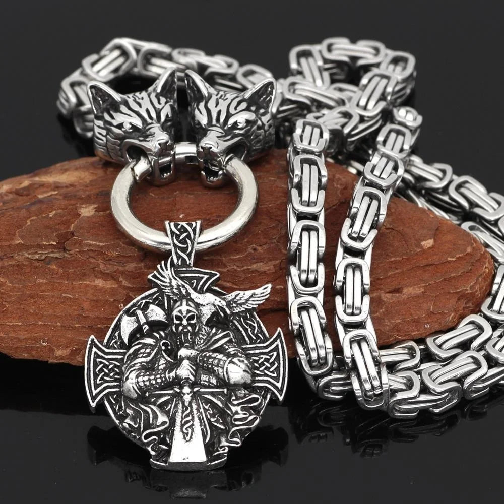 Nordic Necklace Double Wolf Head Thor's Hammer in USA