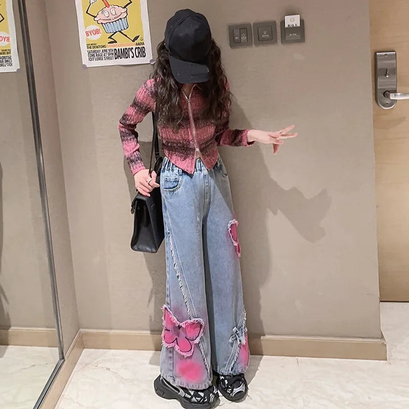 Girls High Waist Korea Style Long Jeans Teens Trousers in USA