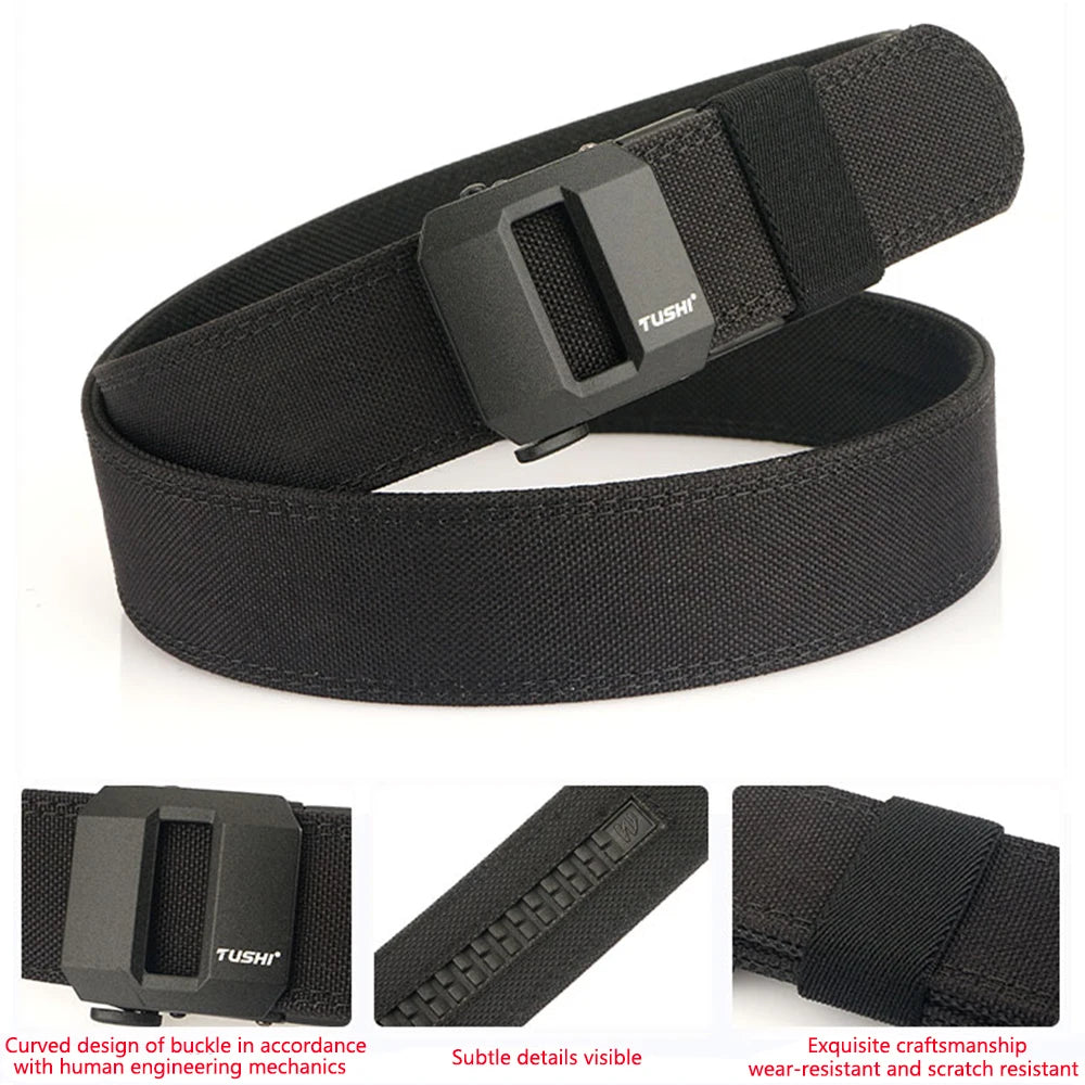 TUSHI Hard Tactical Gun Belt for Men Metal Automatic Buckle Thick Nylo