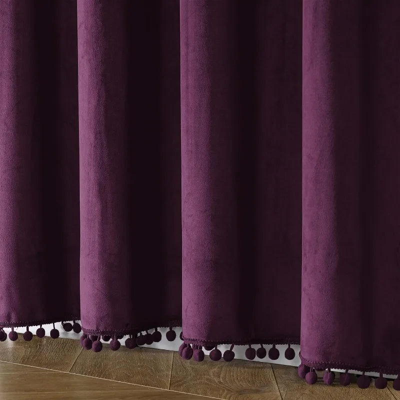 Pom Velvet Curtains for Bedroom, Blackout Curtains in USA