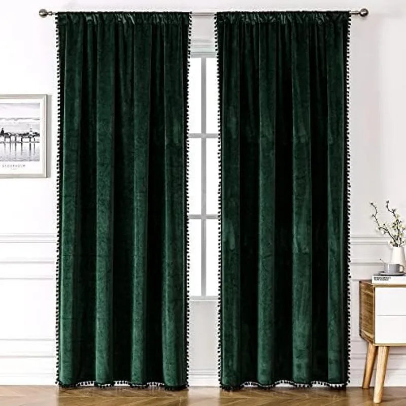 Pom Velvet Curtains for Bedroom, Blackout Curtains in USA