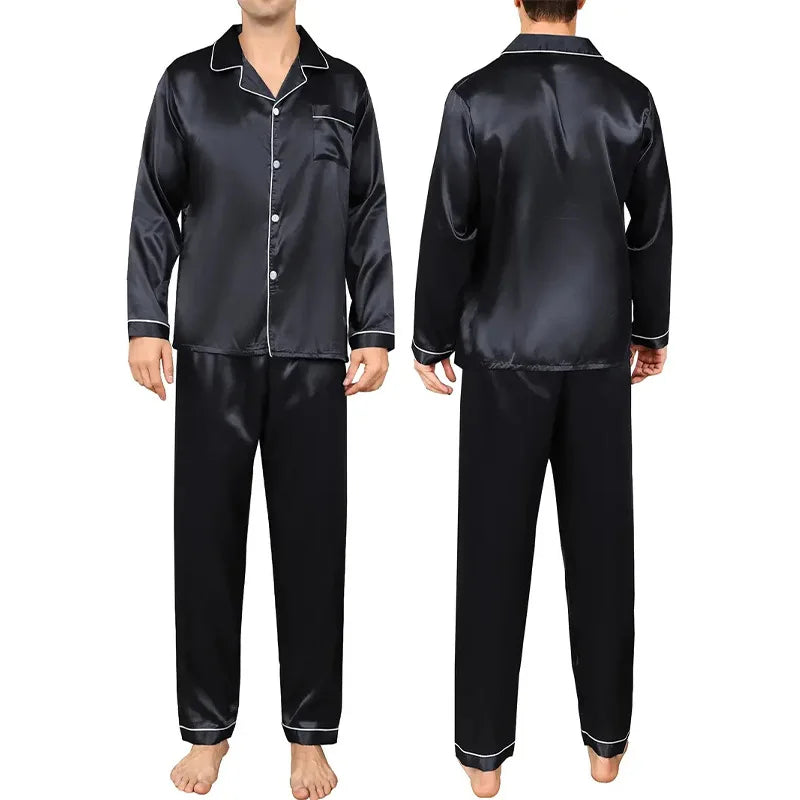 Large Size Solid Long-Sleeved Pyjamas Men Autumn Winter Silk in USA