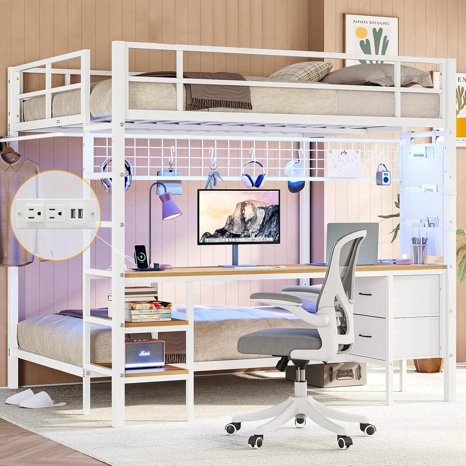 Twin Bunk Bed with Desk and Charging Station Metal