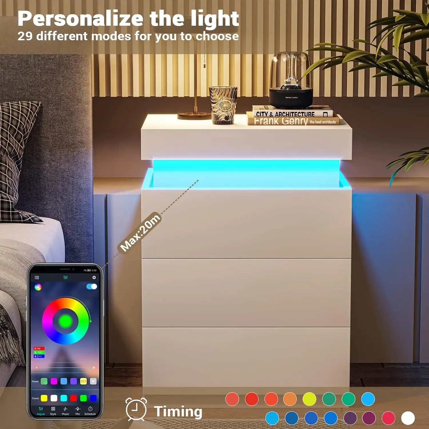 LED Bedside Table Bedroom Drawers USB Ports IN USA.