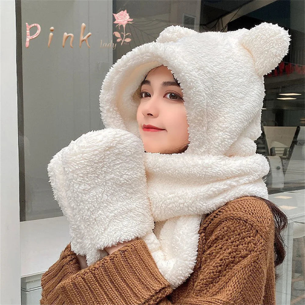 Winter Lamb Wool Cute Bear Ear Hat Scarf Gloves Set Women Caps in USA