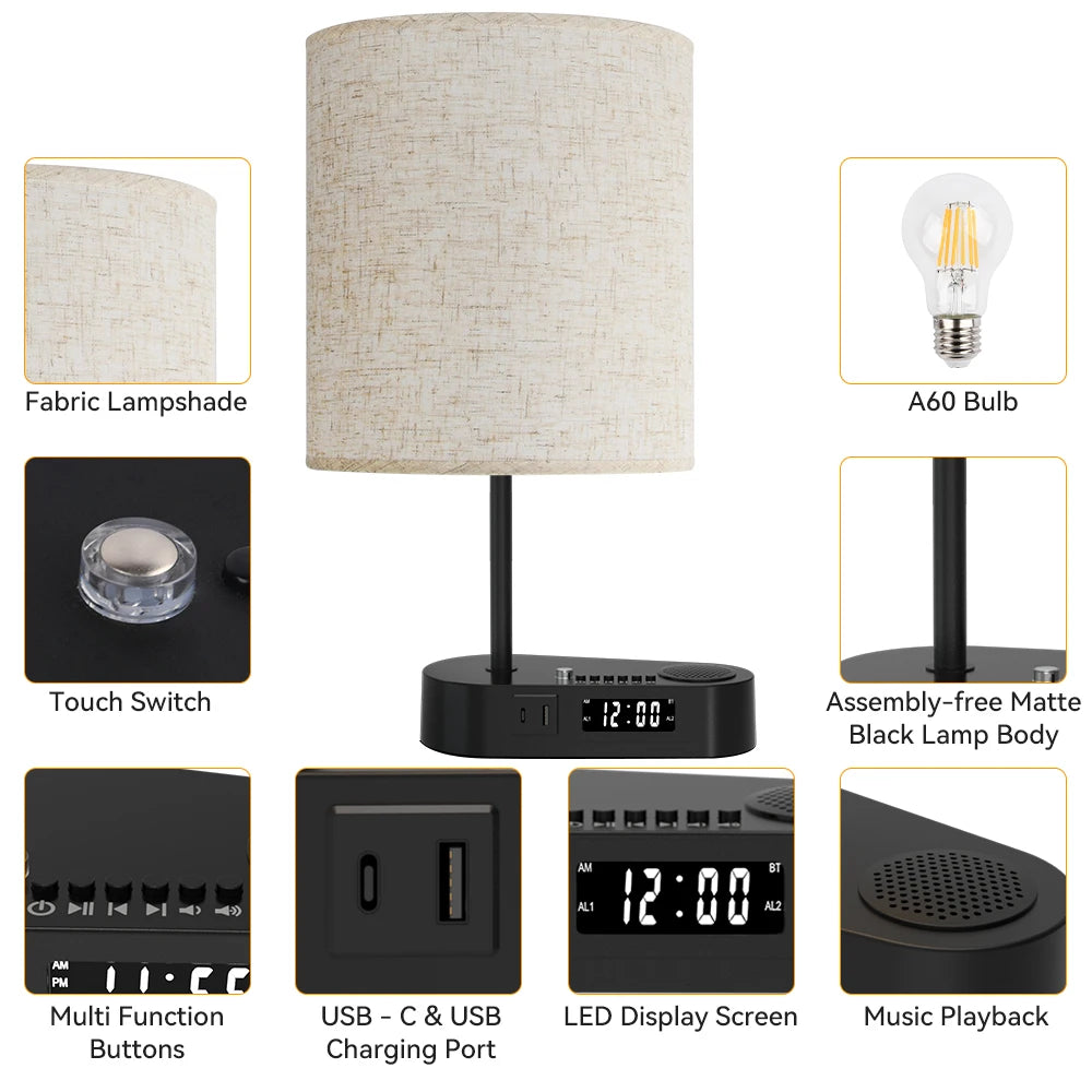 Bedside Table Lamp Bluetooth Alarm Clock Function IN USA.