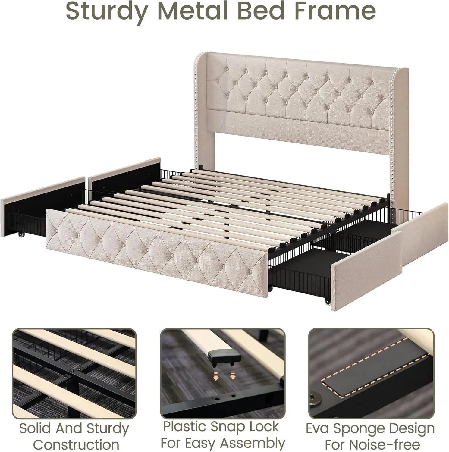 Size Bed Frame Storage Drawers Tufted Headboard Linen IN USA.