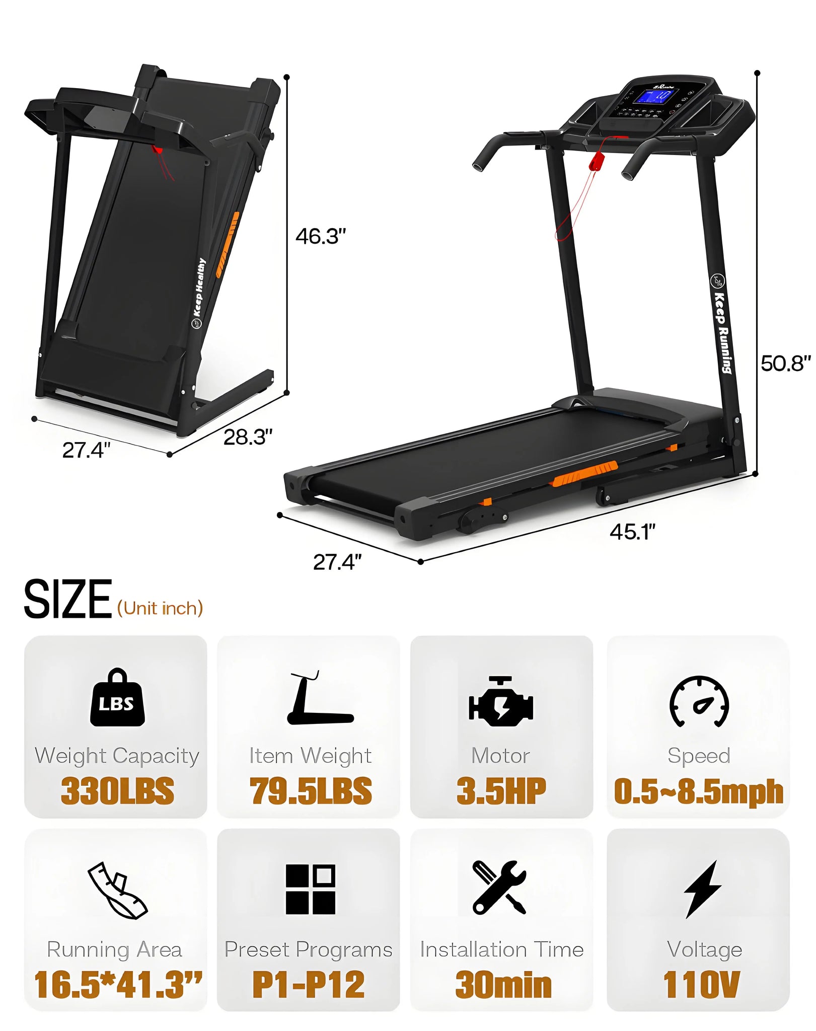 Foldable Electric Treadmill Incline Handrail Speed Control in USA