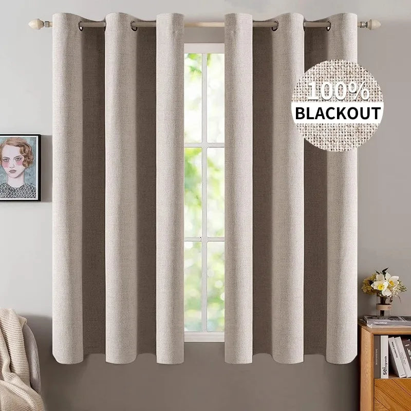 Blackout Linen Textured Curtains for Bedroom Solid Thermal Insulated G