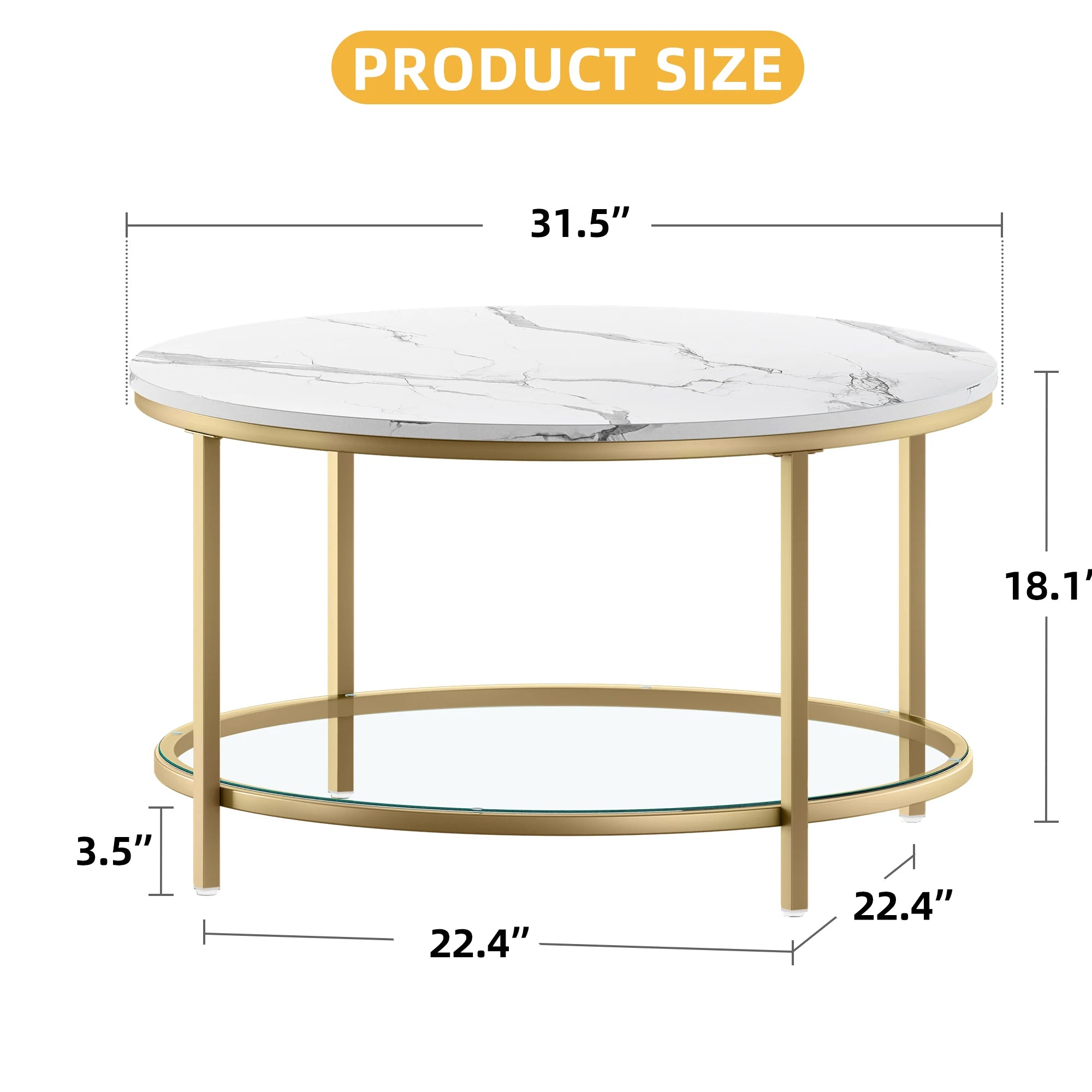 Tier Round Coffee Table Faux Marble Glass Shelf Modern IN USA.