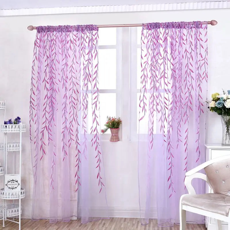 Green Purple Willow Sheer Curtains Window Yarn for Living Room Tulle C