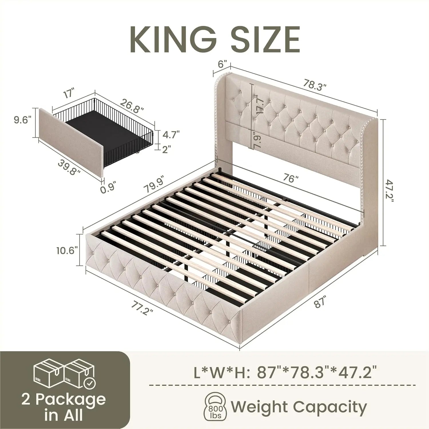 Size Bed Frame Storage Drawers Tufted Headboard Linen IN USA.