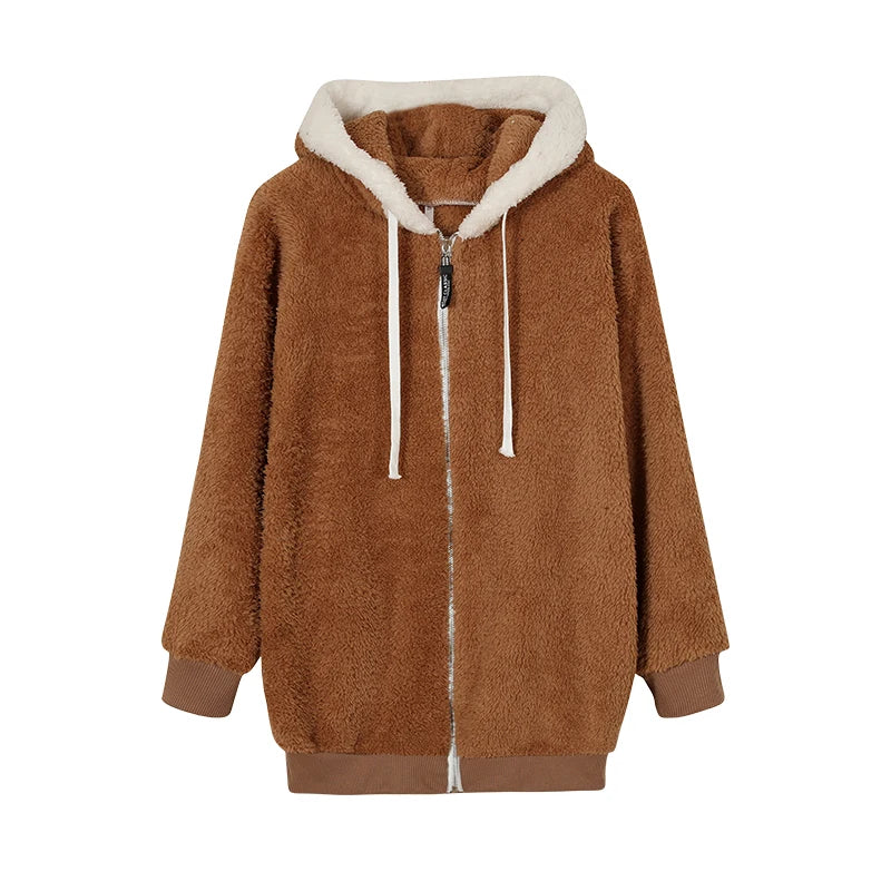 New Style Autumn And Winter Loose Plush Zipper Hooded Jacket Woman in USA