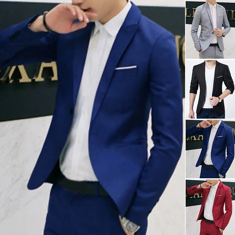 Spring Autumn Fashion New Men Slim Formal Solid Button Lapel IN USA.