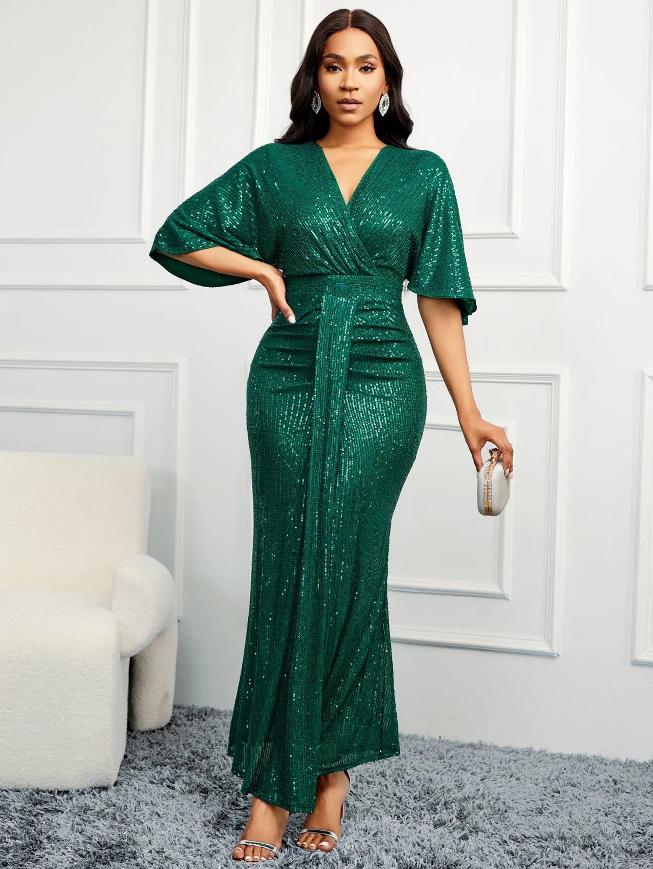 Women Sequin Dress Summer elegant V-Neck Ruffles IN USA.