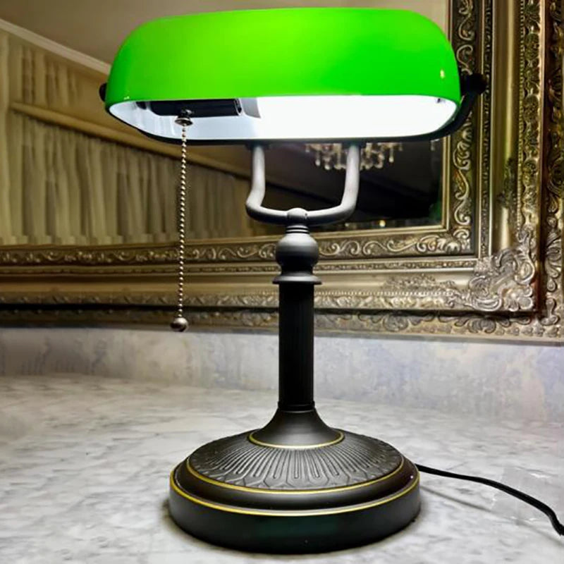 Antique Green Glass Bankers Desk Lamp Pull Chain IN USA.