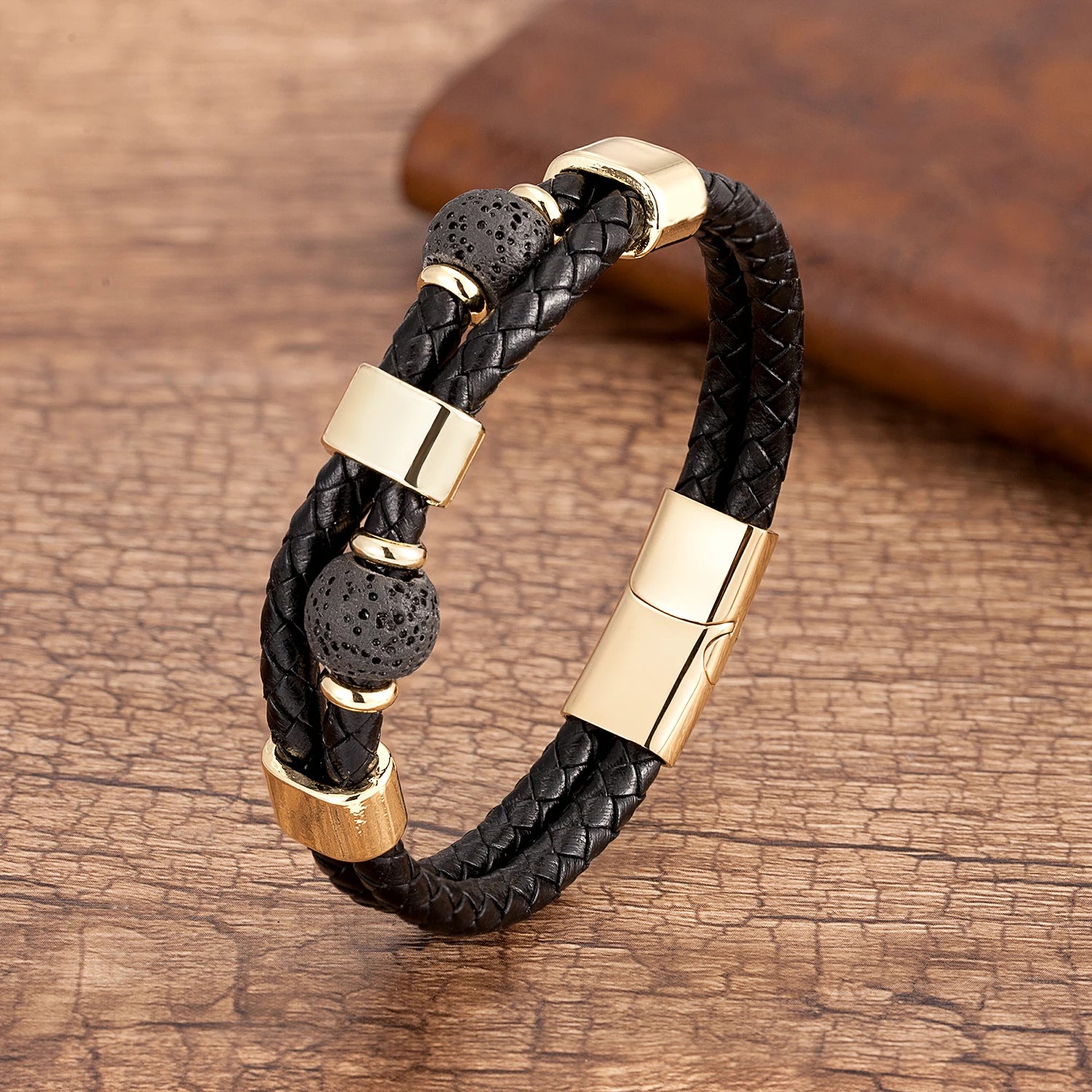 Round Stone Beads Genuine Leather Bracelet Men Stainless in USA