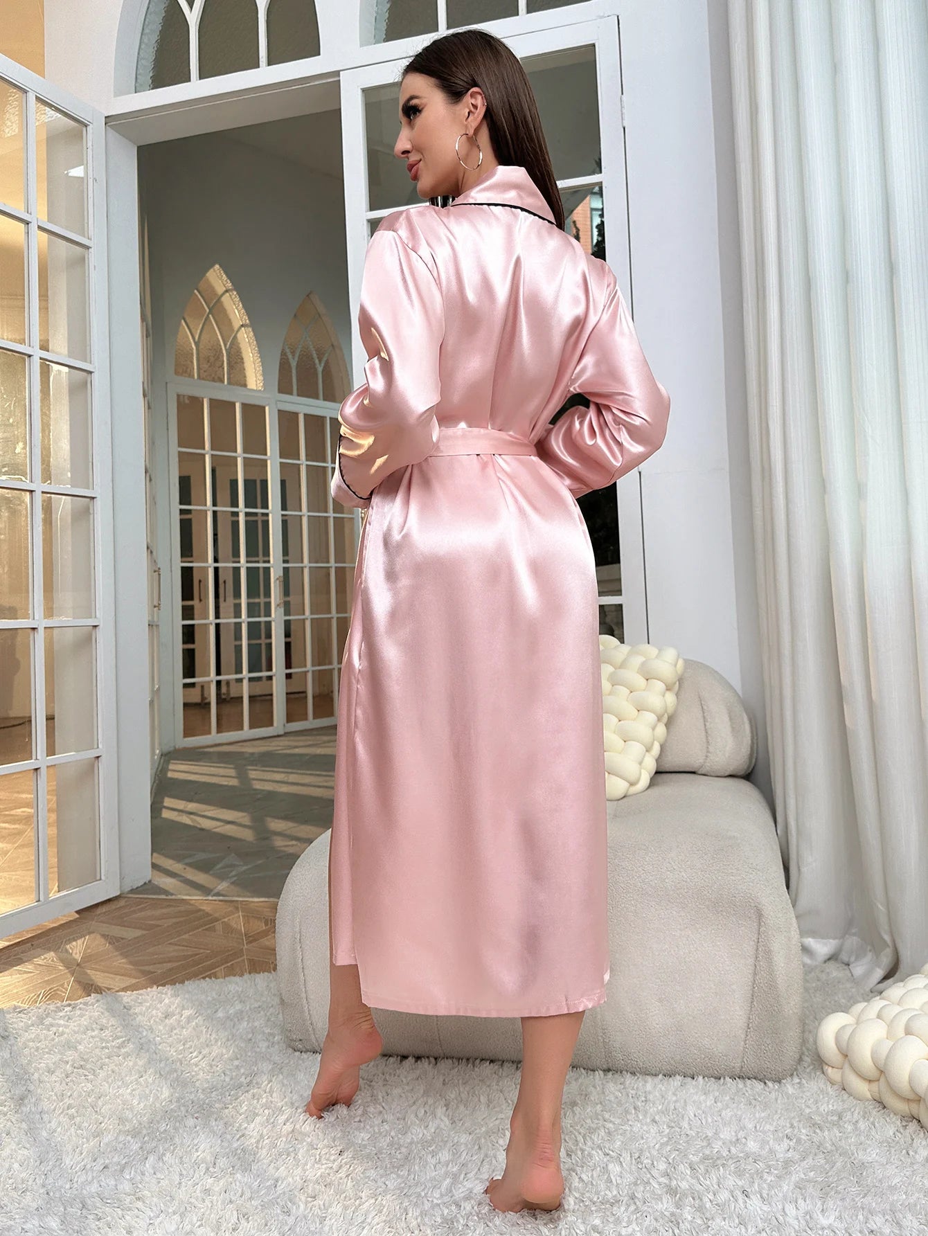 Robe Long Sleeve V Neck Robe Belt Women's Sleepwear in USA