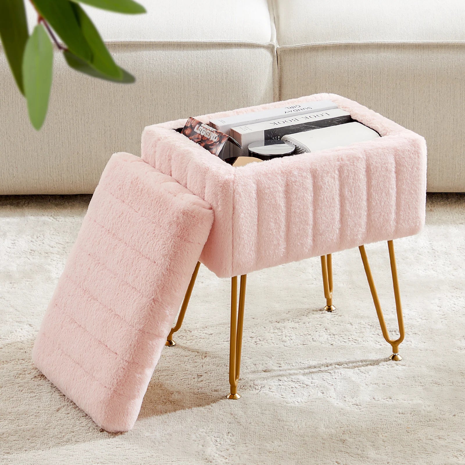 JHK Faux Fur Living Room Hidden Storage Footstool IN USA.